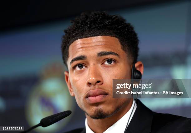 Real Madrid new signing Jude Bellingham during a press conference at Ciudad Real Madrid, Valdebebas, Madrid. Jude Bellingham has joined a select...