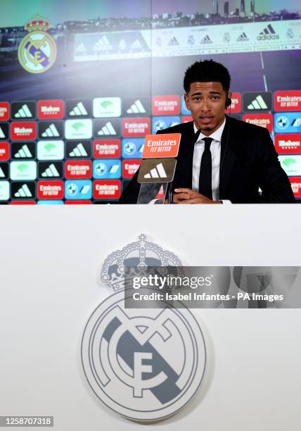 Real Madrid new signing Jude Bellingham during a press conference at Ciudad Real Madrid, Valdebebas, Madrid. Jude Bellingham has joined a select...