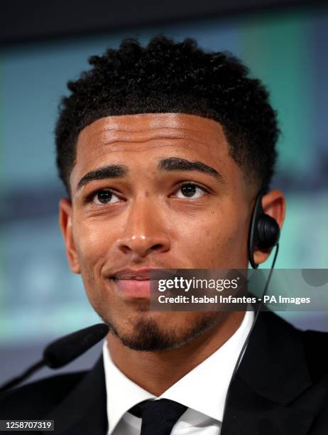 Real Madrid new signing Jude Bellingham during a press conference at Ciudad Real Madrid, Valdebebas, Madrid. Jude Bellingham has joined a select...