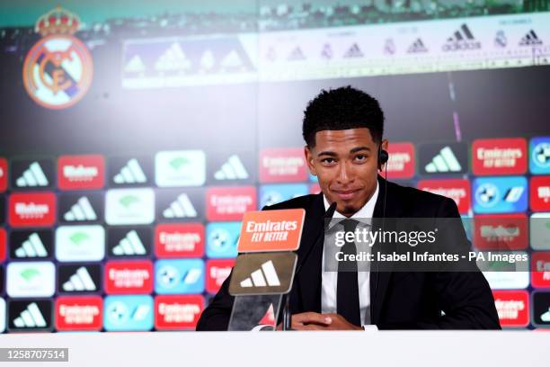 Real Madrid new signing Jude Bellingham during a press conference at Ciudad Real Madrid, Valdebebas, Madrid. Jude Bellingham has joined a select...