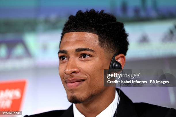 Real Madrid new signing Jude Bellingham during a press conference at Ciudad Real Madrid, Valdebebas, Madrid. Jude Bellingham has joined a select...