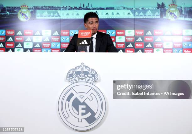 Real Madrid new signing Jude Bellingham during a press conference at Ciudad Real Madrid, Valdebebas, Madrid. Jude Bellingham has joined a select...