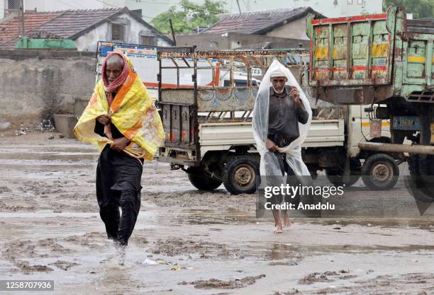 Villagers cover himself with plastic to protect from heavy rain ahead of landfall of Biparjoy cyclone at Naliya village, of Kutch district, Thursday,...