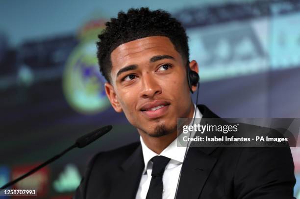 Real Madrid new signing Jude Bellingham during a press conference at Ciudad Real Madrid, Valdebebas, Madrid. Jude Bellingham has joined a select...