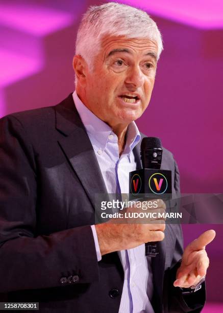 World top luxury group LVMH Managing Director Antonio Belloni delivers remarks at the Vivatech technology startups and innovation fair in Paris, on...