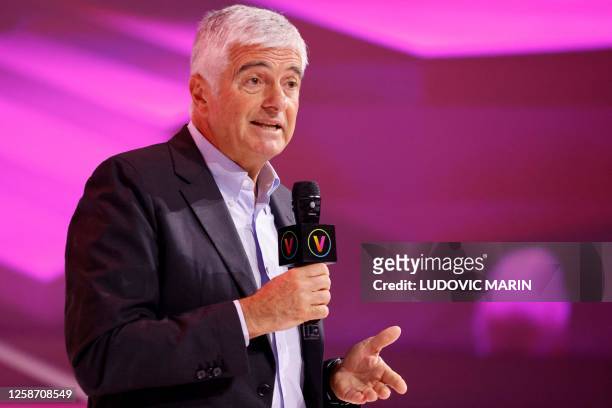 World top luxury group LVMH Managing Director Antonio Belloni delivers remarks at the Vivatech technology startups and innovation fair in Paris, on...