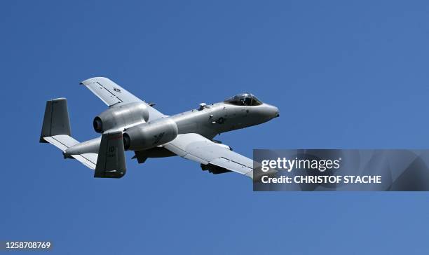 An Fairchild Republic A-10 Thunderbolt II jet of the US Air Force flies over the military air base in Lechfeld, southern Germany, during the Air...