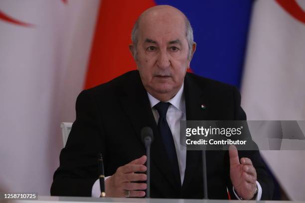 Algerian President Abdelmajid Tebboune delivers speech during a press conference with Algerian President Abdelmajid Tebboune at the Grand Kremlin...