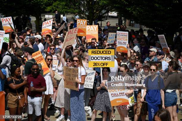 Junior doctors protest outside the venue of the NHS ConfedExpo during the second day of strike action, at the Manchester Central Convention Centre in...