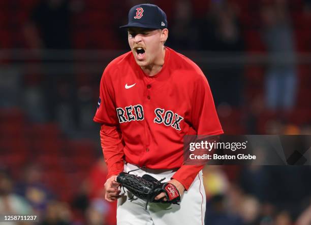 Boston Red Sox RP Josh Winckowski celebrates a strike out to end the game. The Red Sox beat the Colorado Rockies, 6-3.