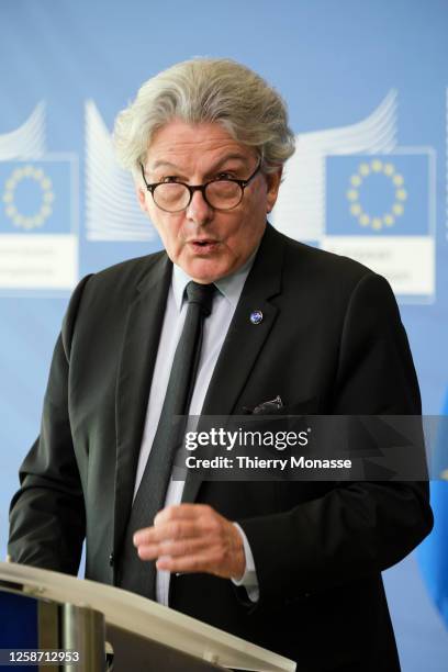 European Commissioner for Internal Market Thierry Breton is talking to media in the Berlaymont, the EU Commission headquarter on June 15, 2023 in...