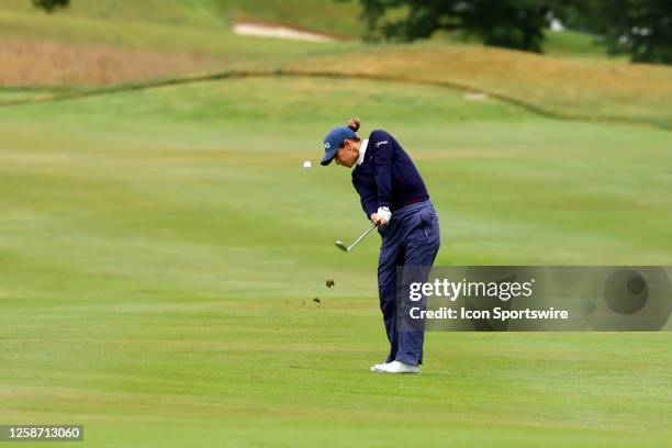 Golfer Azahara Munoz hits her second shot out of the fairway on the 2nd hole on June 15 during the LPGA Meijer LPGA Meijer Classic for Simply Give at...