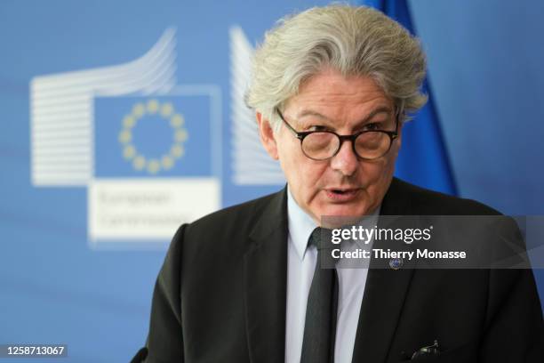 European Commissioner for Internal Market Thierry Breton is talking to media in the Berlaymont, the EU Commission headquarter on June 15, 2023 in...