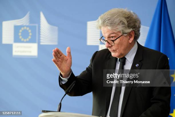 European Commissioner for Internal Market Thierry Breton is talking to media in the Berlaymont, the EU Commission headquarter on June 15, 2023 in...