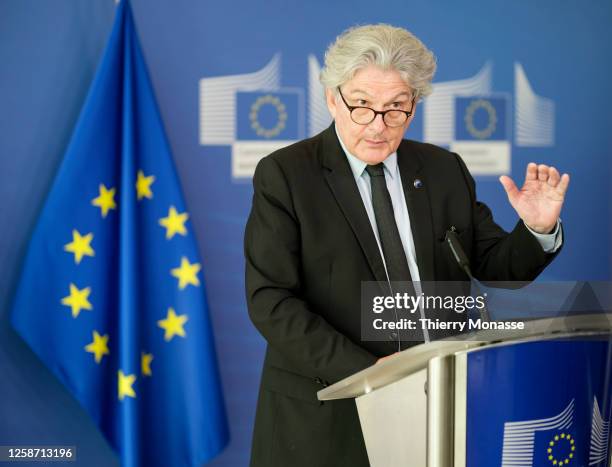 European Commissioner for Internal Market Thierry Breton is talking to media in the Berlaymont, the EU Commission headquarter on June 15, 2023 in...