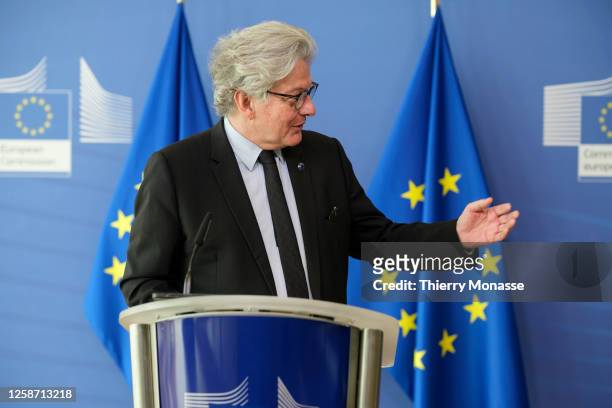 European Commissioner for Internal Market Thierry Breton is talking to media in the Berlaymont, the EU Commission headquarter on June 15, 2023 in...