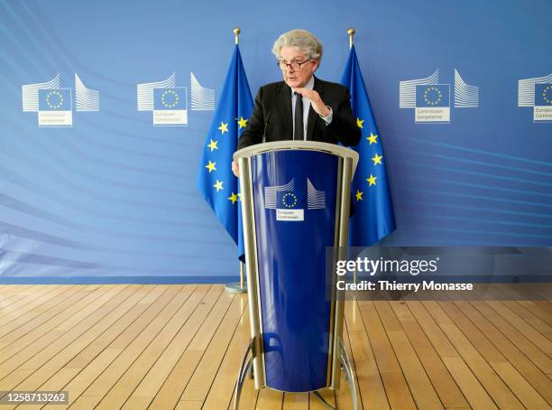 European Commissioner for Internal Market Thierry Breton is talking to media in the Berlaymont, the EU Commission headquarter on June 15, 2023 in...