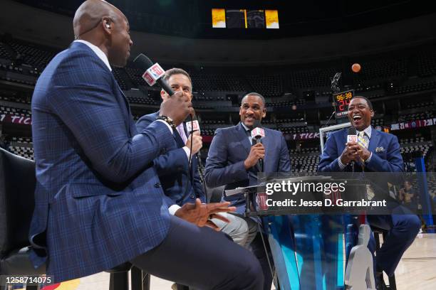 Analysts Brendan Haywood, Matt Winer, Dennis Scott, and Isaiah Thomas talk before Game Five of the 2023 NBA Finals on June 12, 2023 at Ball Arena in...