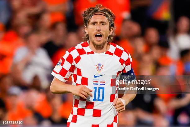 Luka Modric of Croatia looks on during the UEFA Nations League 2022/23 semifinal match between Netherlands and Croatia at De Kuip on June 14, 2023 in...