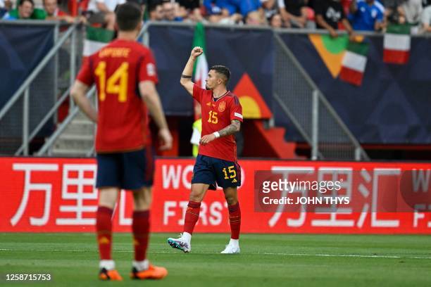 Spain's forward Yeremy Pino celebrates scoring his team's first goal during the UEFA Nations League semi final football match between Spain and Italy...
