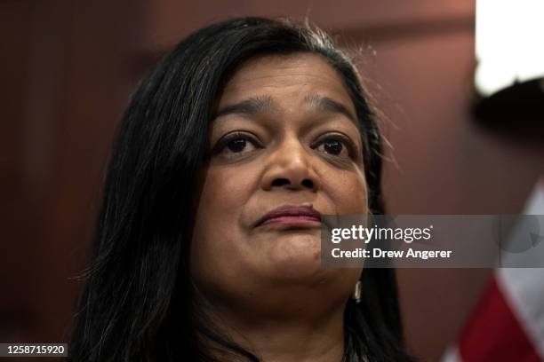 Rep. Pramila Jayapal attends a news conference about the American Dream and Promise Act on Capitol Hill on June 15, 2023 in Washington, DC. The...