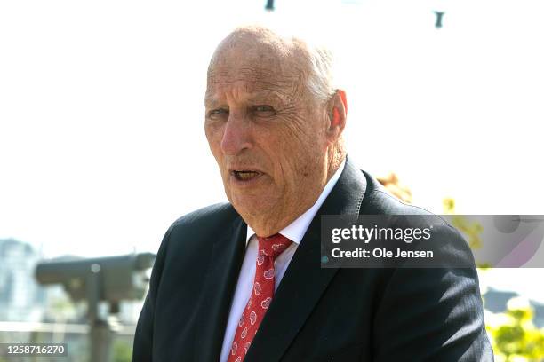 King Harald of Norway attends a doorstep briefing at 'Industriens Hus', house of Confederation of Danish Industries on June 15, 2023 in Copenhagen,...