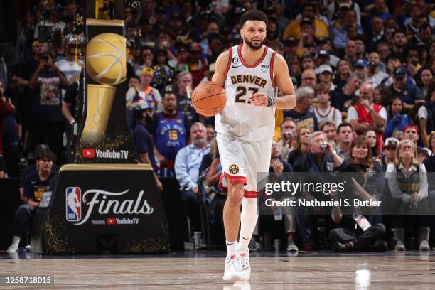 Jamal Murray of the Denver Nuggets dribbles the ball during Game Five of the 2023 NBA Finals on June 12, 2023 at Ball Arena in Denver, Colorado. NOTE...