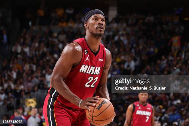 Jimmy Butler of the Miami Heat prepares to shoot a free throw during Game Five of the 2023 NBA Finals on June 12, 2023 at Ball Arena in Denver,...