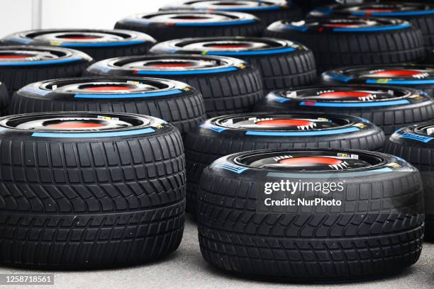 Pirelli wet tyres are seen ahead of the Formula 1 Grand Prix of Canada at Circuit Gilles Villeneuve in Montreal, Canada on June 15, 2023.