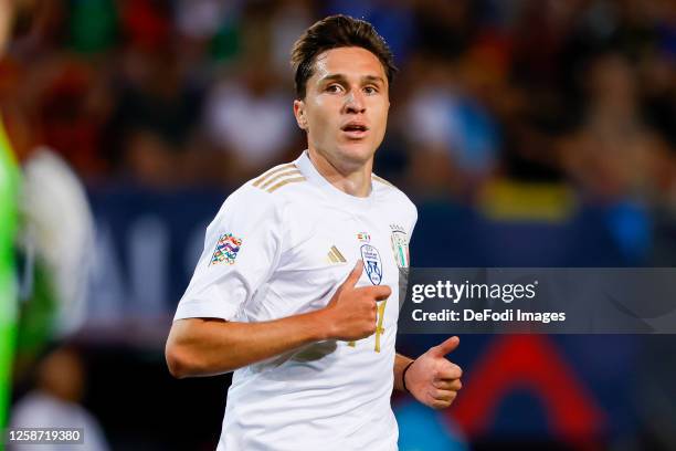 Federico Chiesa of Italy looks on during the UEFA Nations League 2022/23 semifinal match between Spain and Italy at FC Twente Stadium on June 15,...