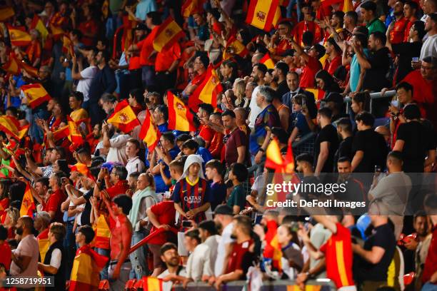 Fans of Spain looks on after the UEFA Nations League 2022/23 semifinal match between Spain and Italy at FC Twente Stadium on June 15, 2023 in...