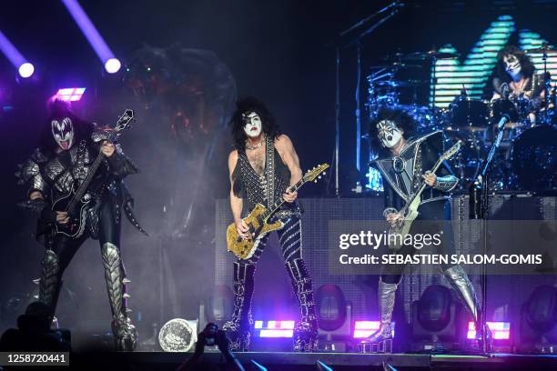 Members of the US rock music band Kiss , Gene Simmons, AKA. The Demon, Paul Stanley, AKA. The Starchild, perform during the Hellfest Summer Open Air...