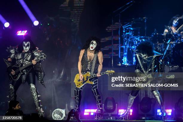 Members of the US rock music band Kiss , Gene Simmons, AKA. The Demon, Paul Stanley, AKA. The Starchild, perform during the Hellfest Summer Open Air...