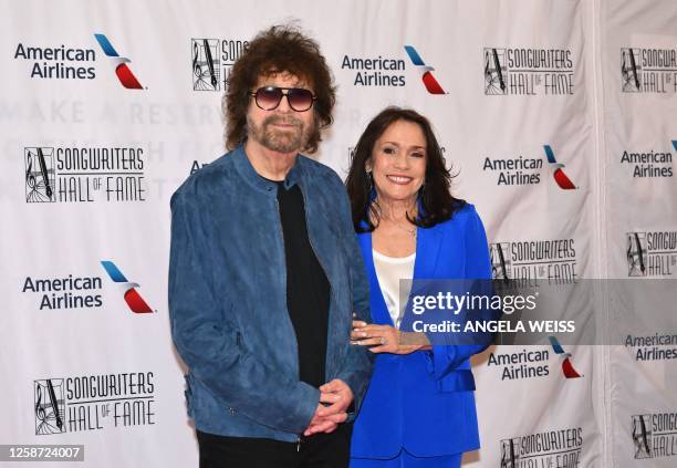 British musician Jeff Lynne, co-founder of the rock band Electric Light Orchestra, and partner Camelia Kath arrive for the 52nd Songwriters Hall of...