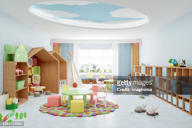 interior of a modern kindergarten classroom - preschool stock pictures, royalty-free photos & images