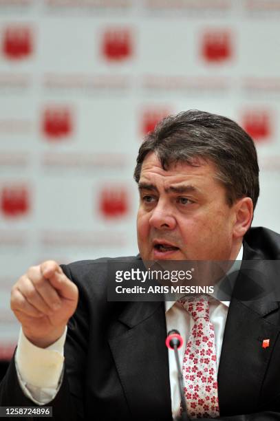 Germany's Socialist Democratic Party leader Sigmar Gabriel speaks during a press conference in Athens on March 4, 2011. Europe's socialists said the...