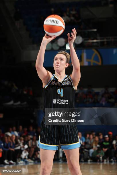 Marina Mabrey of the Chicago Sky shoots a free throw during the game against the Indiana Fever on June 15, 2023 at the Wintrust Arena in Chicago,...