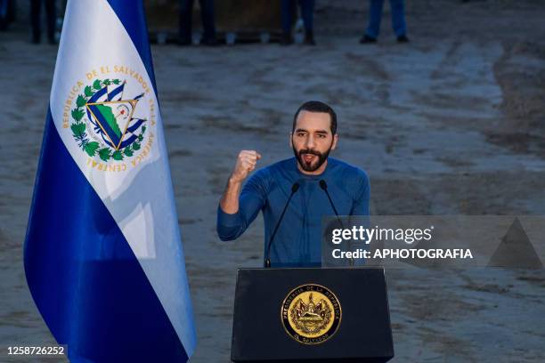 Salvadoran President Nayib Bukele speaks during an event to lay the foundation stone of 'Hospital Rosales' on June 15, 2023 in San Salvador, El...