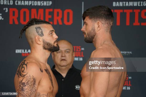 Alex Polizzi and Karl Moore face off at the Bellator 297 ceremonial weigh-ins on June 15 at the Wintrust Arena in Chicago, IL.