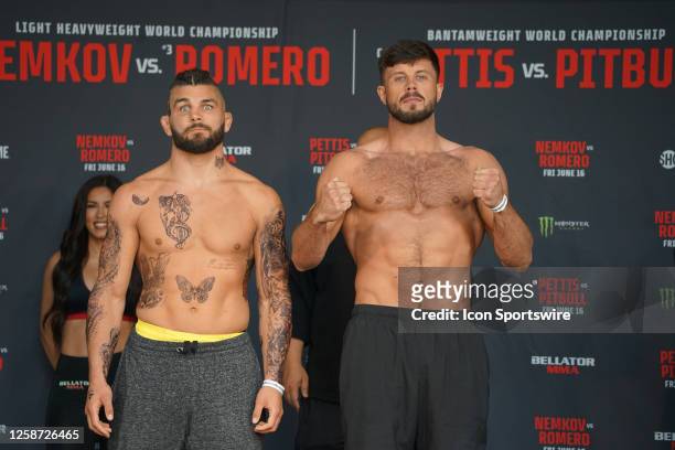 Alex Polizzi and Karl Moore face off at the Bellator 297 ceremonial weigh-ins on June 15 at the Wintrust Arena in Chicago, IL.