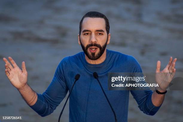 Salvadoran President Nayib Bukele speaks during an event to lay the foundation stone of 'Hospital Rosales' on June 15, 2023 in San Salvador, El...