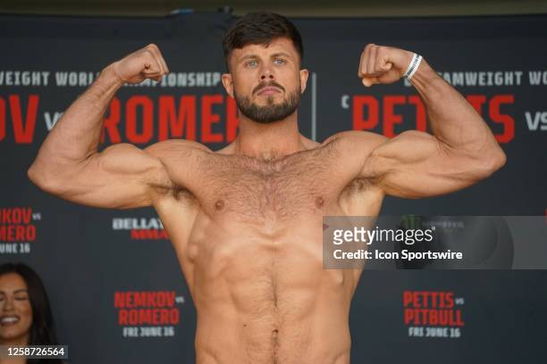 Karl Moore poses for a photo at the Bellator 297 ceremonial weigh-ins on June 15 at the Wintrust Arena in Chicago, IL.