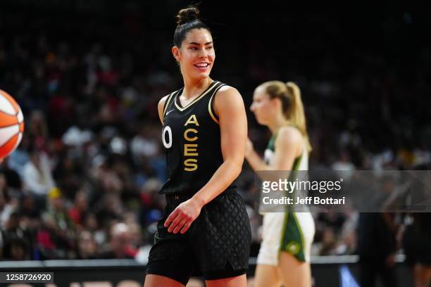 Kelsey Plum of the Las Vegas Aces smiles during the game against the Seattle Storm on June 15, 2023 at Mandalay Bay in Las Vegas, Nevada. NOTE TO...