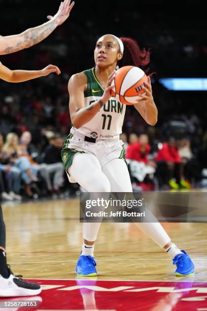 Arella Guirantes of the Seattle Storm drives to the basket during the game against the Las Vegas Aces/ on June 15, 2023 at Mandalay Bay in Las Vegas,...