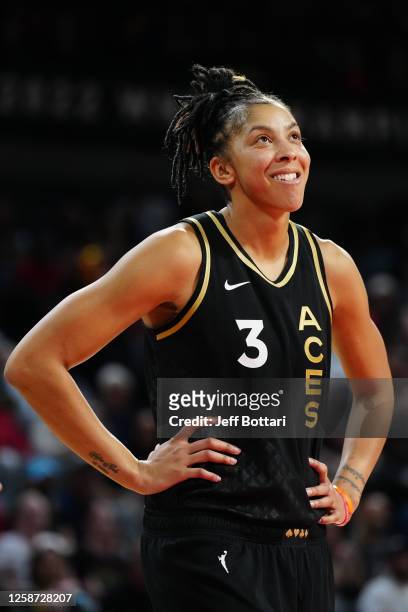 Candace Parker of the Las Vegas Aces smiles during the game against the Seattle Storm on June 15, 2023 at Mandalay Bay in Las Vegas, Nevada. NOTE TO...