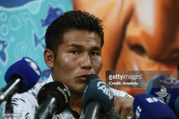 Dairo Mucutuy, relative the four Indigenous children who were rescued as he talks during a press conference in Bogota, on June 15, 2023. In a...