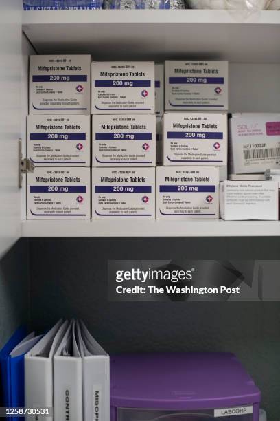 Cabinet containing Mifepristone, seen in Wellspring Health Access clinic in Casper, United States on June 8, 2023. Wellspring Health Access is the...