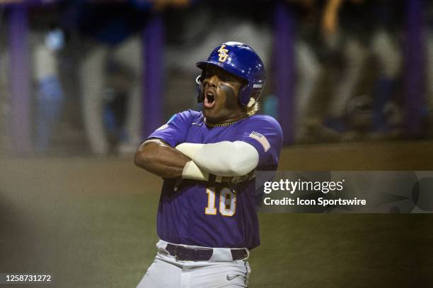 Tigers first baseman Tre' Morgan circles the base during a game between the LSU Tigers and the Kentucky Wildcats on June 10 at Alex Box Stadium in...