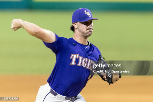 Tigers right handed pitcher Paul Skenes throws a pitch during a game between the LSU Tigers and the Kentucky Wildcats on June 10 at Alex Box Stadium...