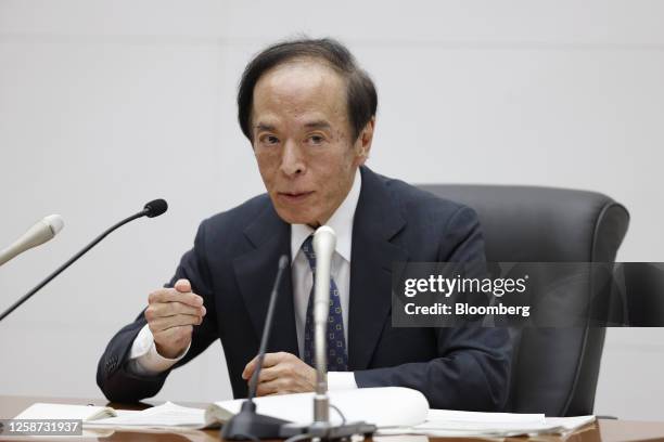 Kazuo Ueda, governor of the Bank of Japan , speaks during a news conference at the central bank's headquarters in Tokyo, Japan, on Friday, June 16,...